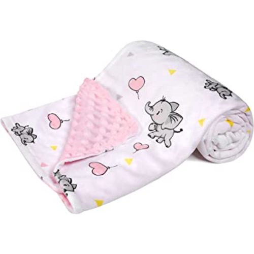 DaysU Silky Micro Soft Plush Baby Blankets for Girls with Print Animal Pattern and Soothing Raised Dots, Double Layer Bed Throws for Baby Crib, Elephant, Pink, 30x40 Inches
