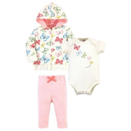 Touched by Nature Baby and Toddler Girl Organic Cotton Hoodie, Bodysuit or Tee Top, and Pant, Butterflies, 6-9 Months