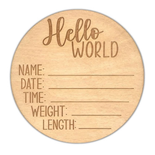 Routybits Hello World - Wood Newborn Baby Birth Announcement Sign - 5.5 Inch Round