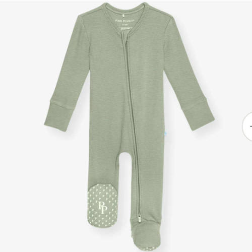 Solid Green Long Sleeve Soft Jade Waffle Footie Zippered One Piece | Posh Peanut®