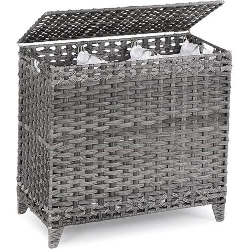 Laundry Hamper with 3 Removable Liner Bags; 132L Handwoven Rattan Laundry Basket with Lid & Heightened Feet; Clothes Hamper with Side Handles; Laundry Sorter with 3 Separate Sections