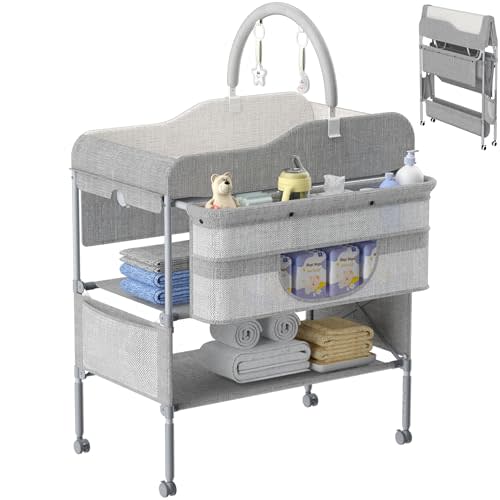 Portable Baby Changing Table, Foldable Changing Table Dresser Changing Station for Infant, Height Adjustable Waterproof Diaper Changing Table, Mobile Nursery Organizer for Newborn Essentials