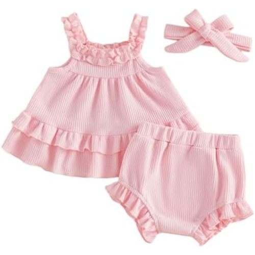 Baby Girl Summer Outfits Waffle Knit Sleeveless Ruffle Dress Top+Short+Headband 3PC Girl Clothes for 0-24 Months