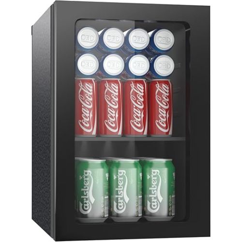 Portable Beverage Refrigerator, 20 Can/0.9 Cubic Feet Mini Fridge with Glass Front Door, Under Counter Compact Display Refrigerators with Adjustable Shelve, Freestanding Wine Cellars for Soda, Beer
