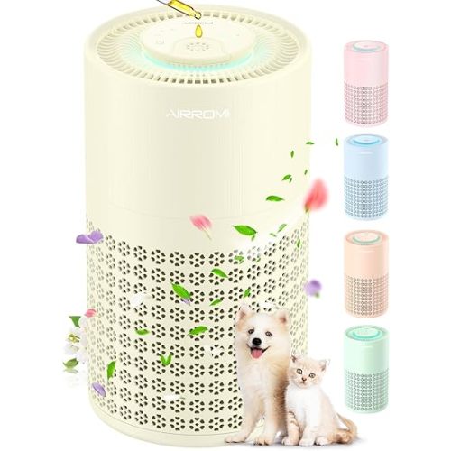 AIRROMI Air Purifier for Bedroom with HEPA Fet Filters, Pet Air Purifiers for Home Cat Pee Smell, Covers Up to 990Ft², Quiet 360° intake Air Cleaner for Allergies Dust Smoke Odor A2001 Yellow