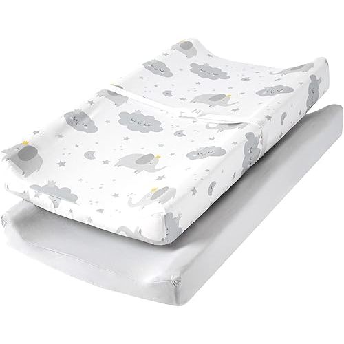 TILLYOU Changing Pad Cover Set in Soft Jersey Material - Fits 32"/34''x16 Contoured Pad for Babies, Elephant & Cloud, Grey