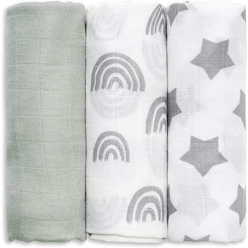 GLLQUEN BABY Receiving Blanket Boy Cotton Muslin Swaddle Blankets Girl Newborn Squares Breathable & Soft Thin Baby Blankets Cloths Double Absorbent Infant Swaddling Wrap - 3 Pack (Star)