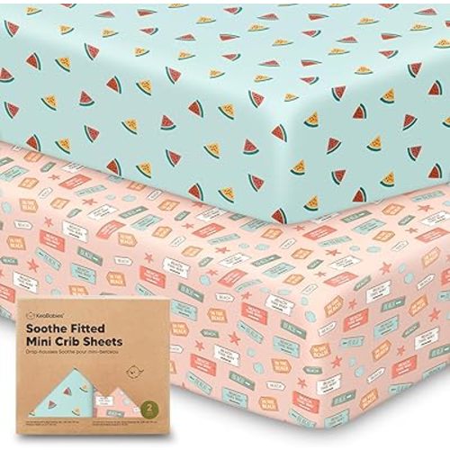 2-Pack Mini Crib Sheets Fitted - Pack N Play Sheets for Pack and Play Mattress, Organic Cotton, Soft & Breathable Jersey Playard Bedding, Neutral Mini Toddler Bed Cover for Boys, Girls (Beach Day)