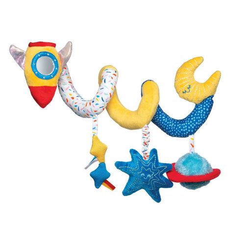 Manhattan Toy Space Themed Baby Travel Spiral with Baby-safe Mirror, Elastic Pull Cord and Rattle
