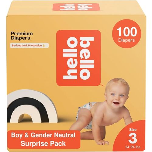 Hello Bello Premium Diapers, Size 3 (14-24 lbs) Surprise Pack for Boys - 100 Count (Pack of 1), Hypoallergenic with Soft, Cloth-Like Feel - Assorted Boy & Gender Neutral Patterns