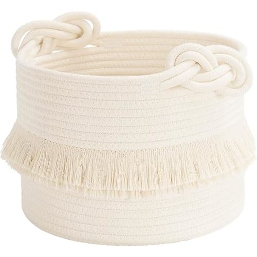 CherryNow Small Woven Storage Baskets Cotton Rope Decorative Hamper for Diaper, Blankets, Magazine and Keys, Cute Tassel Nursery Decor - Home Storage Container – 9.5'' x 7'' Off-white