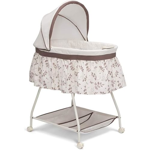 Delta Children Deluxe Sweet Beginnings Bedside Bassinet - Portable Crib with Lights and Sounds, Falling Leaves
