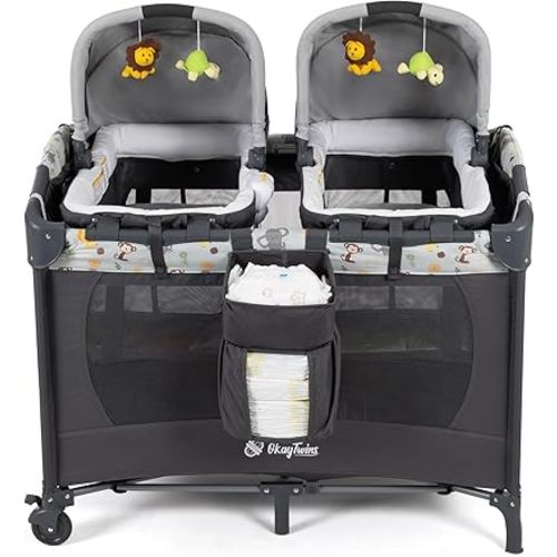 Twin Bassinet & Full-Size Infant Bassinet & Playard for Baby, Includes 2 Removable Rock-A-Bye Portable Bassinets with Storage Bags, Light Gray