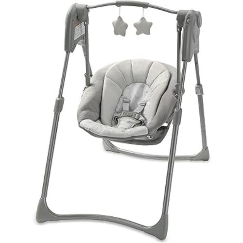 Graco Slim Spaces Compact Baby Swing, Portable Baby Swing with Carry Handle, Indoor Baby Swing with Multiple Swing Speeds and Plush Toy Bar, Reign