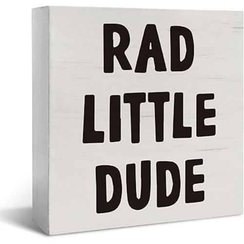 5x5 Inch Nursery Desk Decor Wood Box Sign, Rad Little Dude Room Sign, Kids Boys Girls Bedroom Playroom Table Desk Decoration