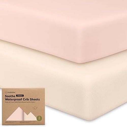 2-Pack Waterproof Crib Sheets for Boys, Girls - 52x28 Organic Cotton Crib Mattress Sheets Fitted, Neutral, Toddler Mattress Protector Cover, Washable, Soft & Durable Baby Bedding Essentials (Cameo)