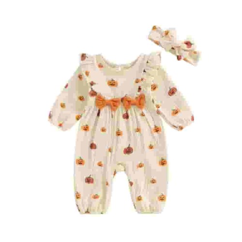 Newborn Baby Girl 2Pcs Fall Outfits Ruffle Long Sleeve Pumpkin Print Jumpsuit with Headband Set Infant Halloween Clothes