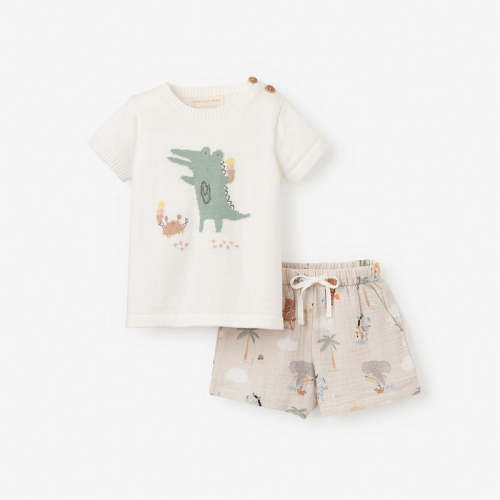 Alligator Knit Pullover + Seaside Safari Organic Muslin Short Set MULTI / 3-6M