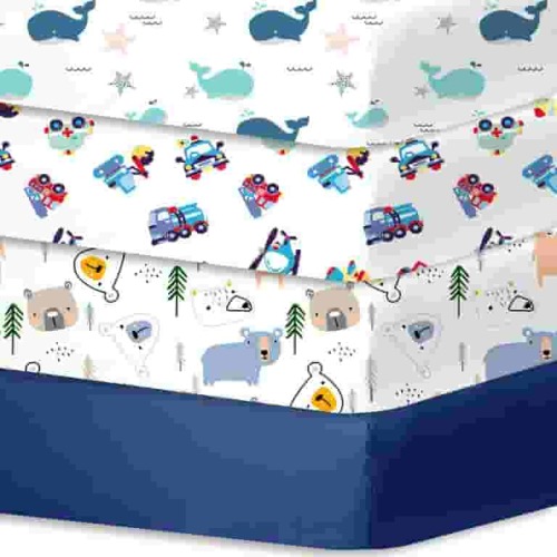 Little Grape Land Crib Sheets for Baby Boys 4 Pack, 28"x 52" Extra Soft Microfiber Crib Sheet Set for Standard Crib & Toddler Mattress Pad, Whale & Toy & Little Bear & Navy Blue