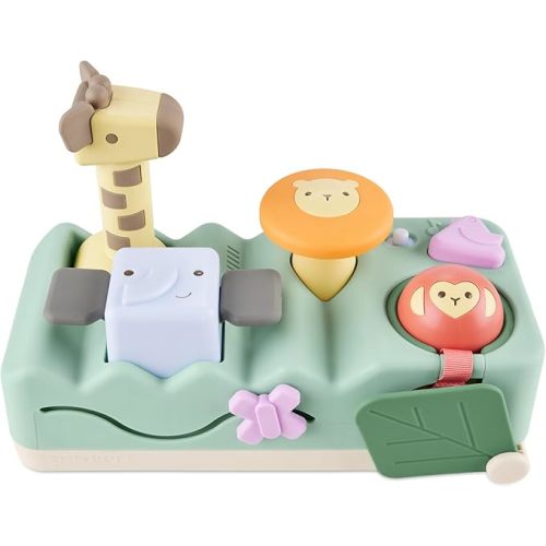 Skip Hop Tummy Time & Seated Play Cause & Effect Developmental Musical Baby Toy with 12 Animal Sounds, Lights, Music and 6 Activities, Geometric Wonders 2-in-1 Pounding Bench, Age 3m+