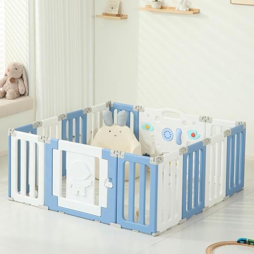 14 Panels Baby Play Pen, Extra Large Baby Playpen, Foldable Astronauts Play Pens for Babies and Toddlers, Adjustable Portable Fence Gate Playpen Yard, Blue