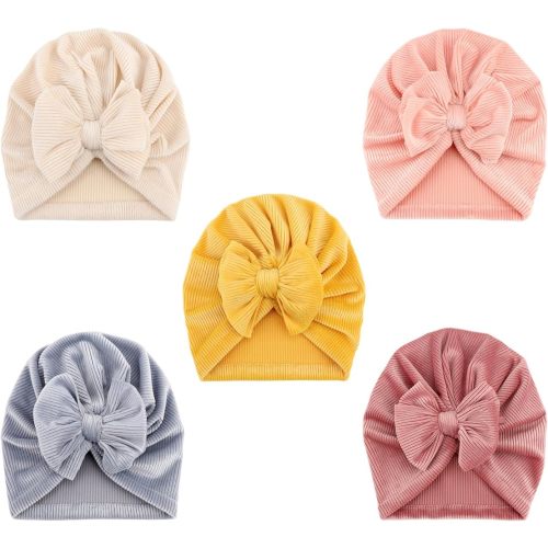 DRESHOW BQUBO 5 Pieces Newborn Baby Turban Hats Bow Baby Infant Beanie Breathable Toddler Cap for Baby Girls 3-12 Months