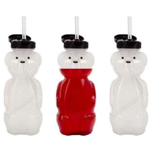 Cornucopia Brands Honey Bear Straw Cups, 3pk; 8oz Therapy Sippy Bottles w/Flexible Straws and Black Lids