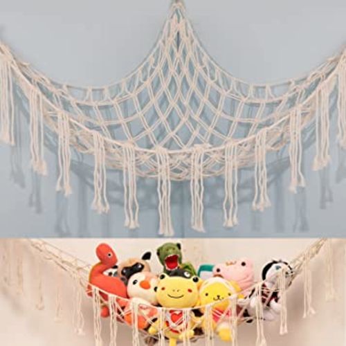 YELIENM Boho Stuffed Animals Net or Hammock Large,55 inch Toy Hammock Macrame Stuff Animal Storage Corner Hanging Net Holder,Mesh Hammock Plush Toy Organizer with Hooks for Bedroom,Nursery (White)