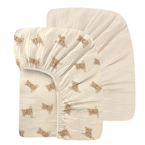 100% Organic Cotton 2 Pack 52x28 Inches Muslin Crib Sheets Fitted Crib Mattress Sheet for Baby Girls & Boys, Soft Boho Neutral Toddler Bed Sheets Fits Well Standard Size Crib Mattress 28x52 Inches