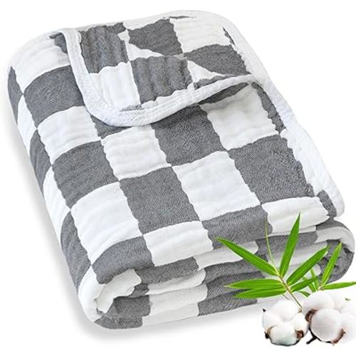 Muslin Swaddle Blankets for Baby Boys or Girls Breathable and Skin-Friendly 6 Layers Gauze Receiving Blankets Grey Chessboard 43 x 43 Inches