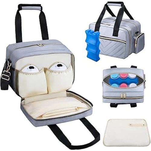 Breastmilk Cooler Bag Fits 6 Baby Bottles up to 9 Ounce with Ice Pack, Wearable Breast Pump Bag Plus , Insulated Bottle Travel Bag Compatible with Momcozy/Elvie/Willow, with Shoulder Strap Grey