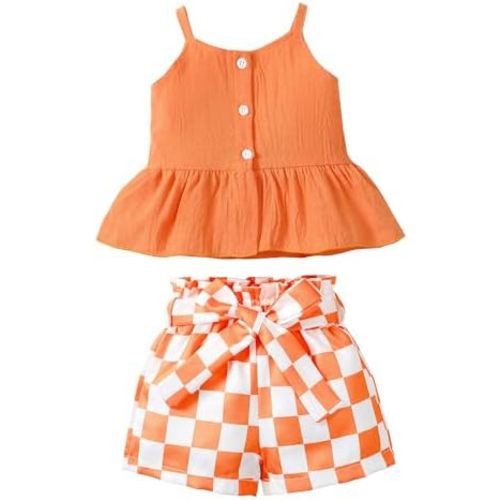 Kucnuzki Toddler Baby Girl Clothes Summer Outfits Ruffle Sleeveless Linen Shirt Kid Short Set for Girl