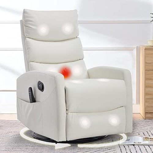 cinkehome Swivel Rocker Recliner Chair, Upholstered Nursery Glider Recliner Chair with Heated Massage, High Back, Side Pocket (White PU Leather)