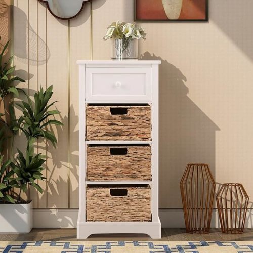 PHI VILLA Storage Cabinet with Baskets, Farmhouse Accent Cabinet Narrow Cabinet with Shelves for Bathroom Entryway Rattan Cabinet with Drawer End Table/Beside Table White