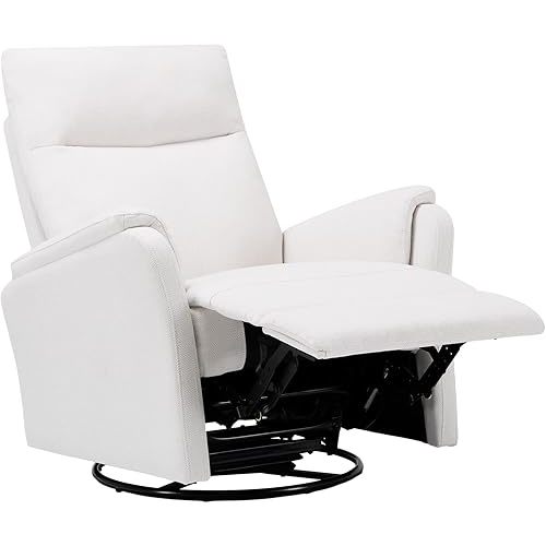 COLAMY Swivel Rocking Single Sofa, Recliner Sofa with Extra Large Footrest, Deep Seat, High Back, Upholstered Fabric Reclining Single Sofa for Living Room-White