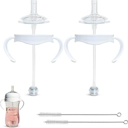 Straw Cup Conversion Kit for Philips Avent Natural Baby Bottle 2-Count | Soft Silicone Straw Top Nipples, Weighted Any Angle Straw Ball, Bottle Handles and Straw Cleaning Brush | 6+ months (Straw Top)