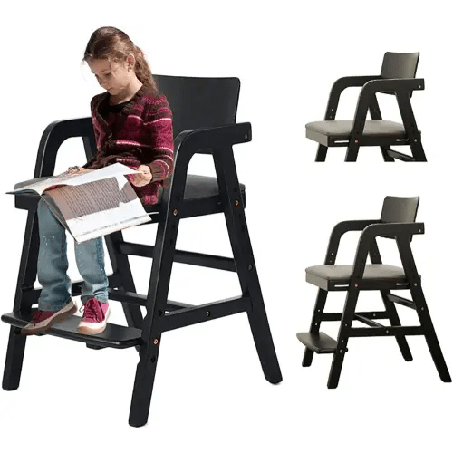 Solid Wood High Chair for Toddlers to Teens, Adjustable Height Toddler Dining Chair, Easy to Clean Toddler Highchair with Removable PU Cushion for Dining, Studying, Step Tool, Black