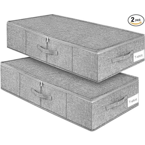 Under Bed Storage, 2 Pack Underbed Storage Container Bags With Lid, Foldable Sturdy Clothes Storage Drawer Organizer W/ 3 Handles, Ultra Thick Fabric Blanket Shoe Storage Box, 30x15x6.7inch, Grey