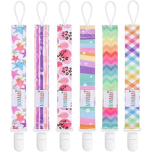 ALVABABY Pacifier Clips 6 Packs Rainbow Paci Clip Holder Leashes for Baby Boys and Girls Fits Most Pacifier,Binkie Styles,Baby Teethers,Toys