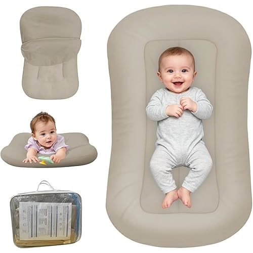Baby Lounger for Newborn, Bionic Design Baby Lounger, Soft Organic Cotton Breathable Lounger for Infants 0-18 Months (Cream Grey)