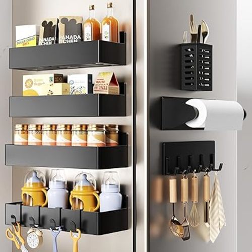 Mystozer Magnetic Spice Rack for Refrigerator,7 Pack Magnetic Shelf,Fridge Magnet Organizer with Paper Towel Holder,Utensils Racks,Hook Rack,Fridge Organizers and Storage Black(7 Pack)