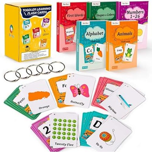 130 Flash Cards for Toddlers, ABC Alphabet, Numbers, Colors & Shapes, First Words, Animals Preschool Flashcards with Rings for Kindergarten Homeschool Supplies Educational Learning Toy Kids