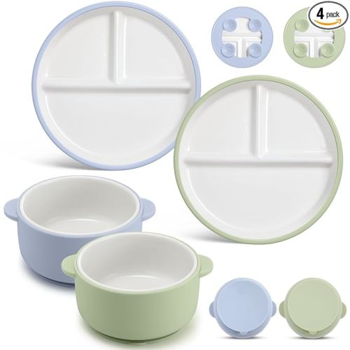 Domensi 4 Pcs Porcelain Kids Plates and Bowls Sets with Suction, 2 Ceramic Toddler Divided Plates 2 Baby Anti Slip Silicone Sleeve Bowls for Feeding Supplies Microwave Dishwasher Safe(Blue,Green)