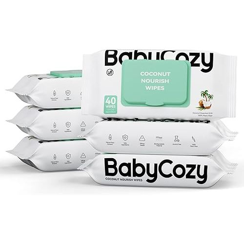 Baby Wipes, Cleansing & Moisturizing 2-in-1 Babycozy Sensitive, 100% Plant Fiber & Biodegradable, Hypoallergenic Baby Coconut Wipes Moisturize Every Cleanse, 240 count (6 pack)