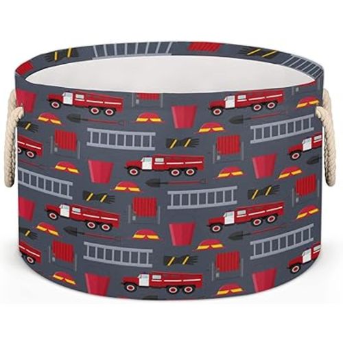 Pardick Large Round Storage Basket Fire Department Truck Collapsible Circle Storage Bin Laundry Hamper With Handle for Toy Blanket Dirty Clothes Towel Living Room Nursery Storage Organizer