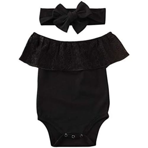 KMBANGI Newborn Baby Girls Romper Lace Sleeveless Off Shoulder Black Bodysuit One-piece Jumpsuit Headband Summer Clothes