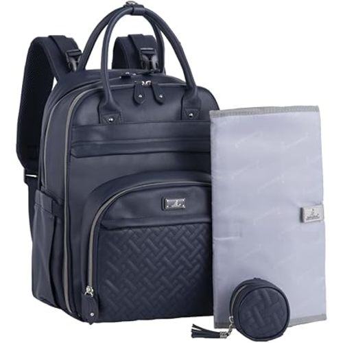 BabbleRoo Leather Diaper Bag Backpack - Baby Essentials Travel Baby Bag, Multi function, with Changing Pad, Stroller Straps & Pacifier Case – Unisex, Midnight Blue