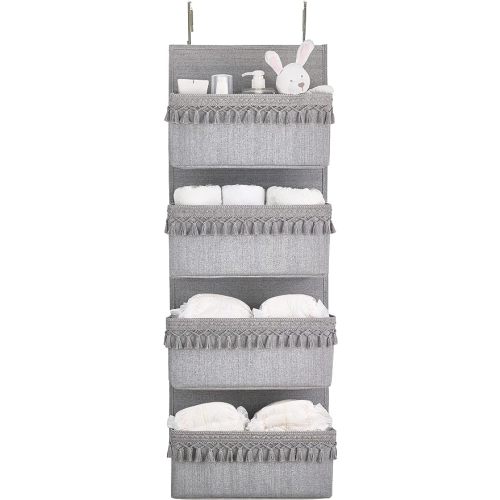 Dahey Over The Door Organizer Boho Nursery Storage Decor Closet Hanging Organizer with Tassels Decoration for Bedroom Nursery Bathroom Apartments Dorm Pantry, 4 Pockets, Grey - Medium