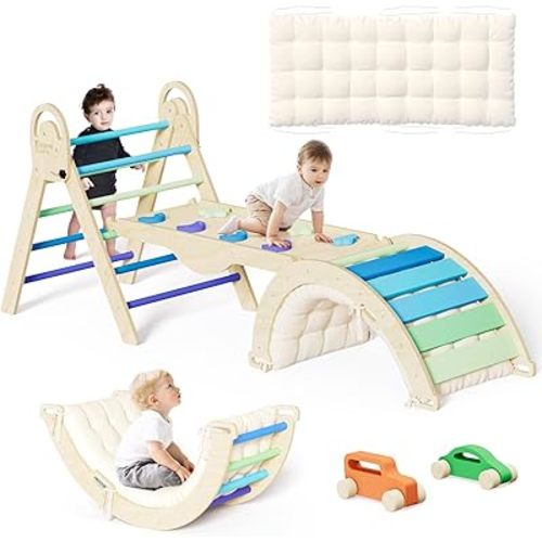 Pikler Triangle Set with Cushion, Montessori Climbing Set, Indoor Climb Toys, Indoor Playground Jungle Gyms, 9 Combinations Climbing Toy Set for Toddler, Baby, Kids 1-4