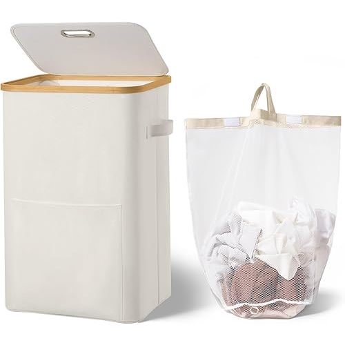 Laundry Basket with Lid,Collapsible Clothes Hampers for Laundry with Handles and Removable Inner Bag,Large Hamper with Internal Support for Laundry Room, Dorm and Bedroom,80L Beige